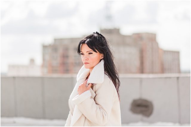 Natalie Clark Music Promo Portrait Session on a Rooftop in DTLA in cream coat