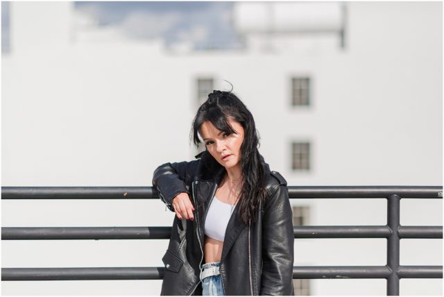 Natalie Clark Music Promo Portrait Session on a Rooftop in DTLA in leather jacket