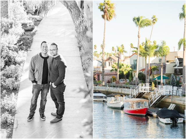 Two happy grooms posing for windy & sunny engagement session in the canals in Long Beach, CA