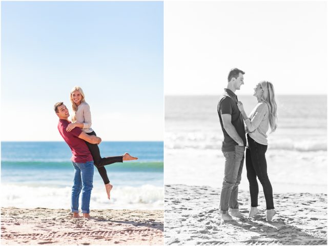 Newly engaged couple embracing on beach