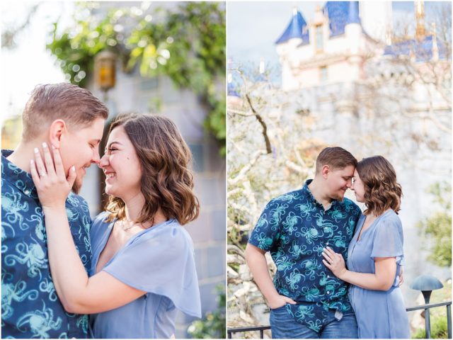 Couple posing for engagement session  in Fantasyland at Disneyland Park.