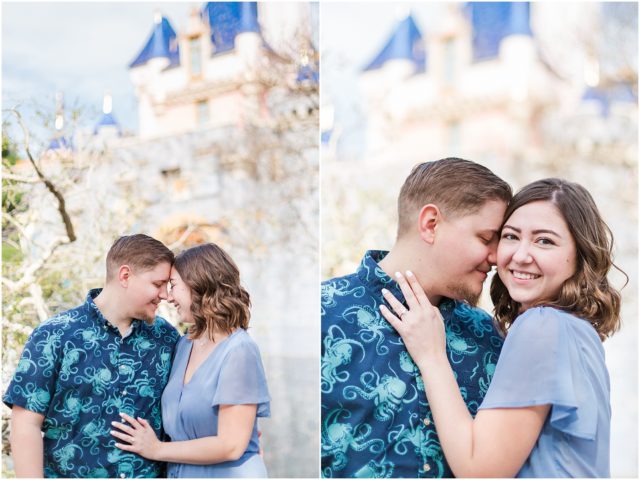 Couple posing for engagement session  in Fantasyland at Disneyland Park.