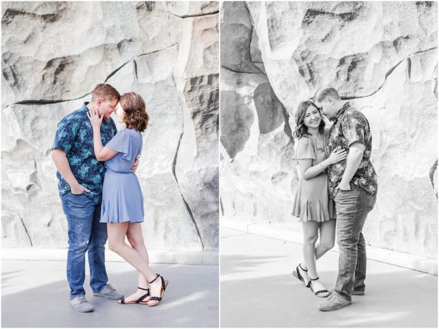 Couple posing for engagement session  in front of Matterhorn at Disneyland Park.