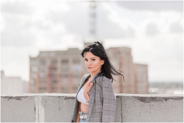 Natalie Clark Music Promo Portrait Session on a Rooftop in DTLA in tweed blazer