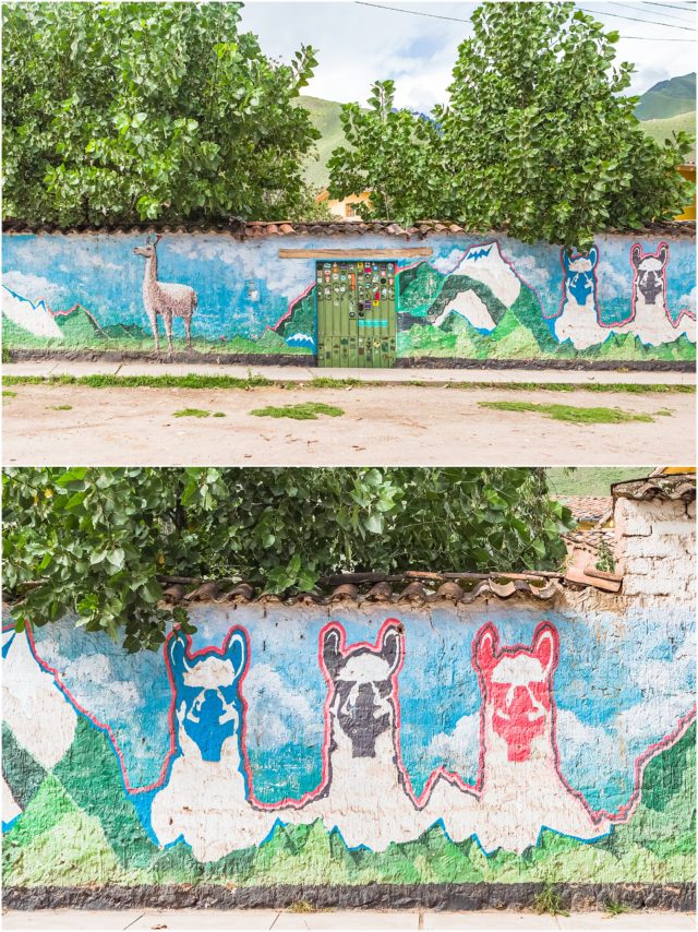 Alpaca murals on the walls of the Sacred Valley in Peru