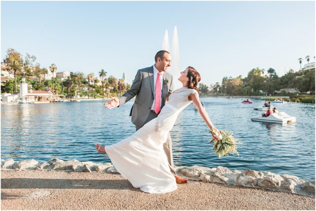 Bride and groom portraits at Echo Park Lake at micro wedding in Los Angeles